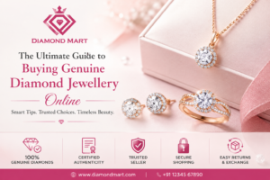 The Ultimate Guide to Buying Genuine Diamond Jewellery Online by Diamond Mart featuring certified diamond ring, earrings, and pendant.